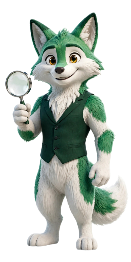 Raposa mascote do LeadsFinder com uma lupa